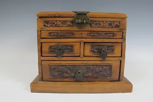 Chinesischer Antik Schmuck Make-up Kommode Box Behälter Hartholz Holz dunkel - Bild 1 von 8