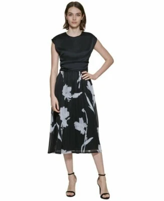 NWT DKNY CAP SLEEVE BLACK TOP FLOWER SKIRT MIDI DRESS SIZE 6 - Image 1 of 4