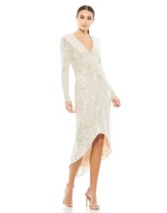 NWT Ieena Mac Duggal 26549 Sequin Knotted Long Sleeve Midi Dress 6 Nude Silver - Picture 1 of 5