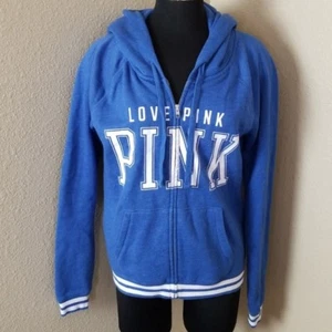 Victorias Secret Pink Full Zip Hoodie Blue White Size Medium M - Picture 1 of 6