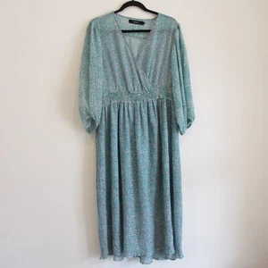 Vero Moda Faux Wrap Dress Womens Size XL/16 Green Floral Pleated Midi Sheer - Picture 1 of 17