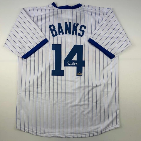 Facsimile Autographed Ernie Banks Chicago Pinstripe Reprint Auto Jersey Men's XL Cover