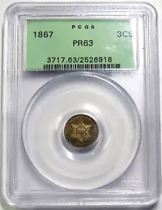 1867 USA SILVER PROOF THREE CENT 3C COIN GREEN LABEL PCGS PR 63 - Picture 1 of 4