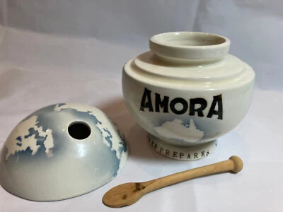 Amora globe mustard jar pot condiment lid spoon vintage Digoin France map world - Image 1 of 4