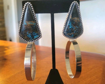 Large Blue Hubei Turquoise Stone and Sterling Silver Hoop Earrings - Image 1 of 4