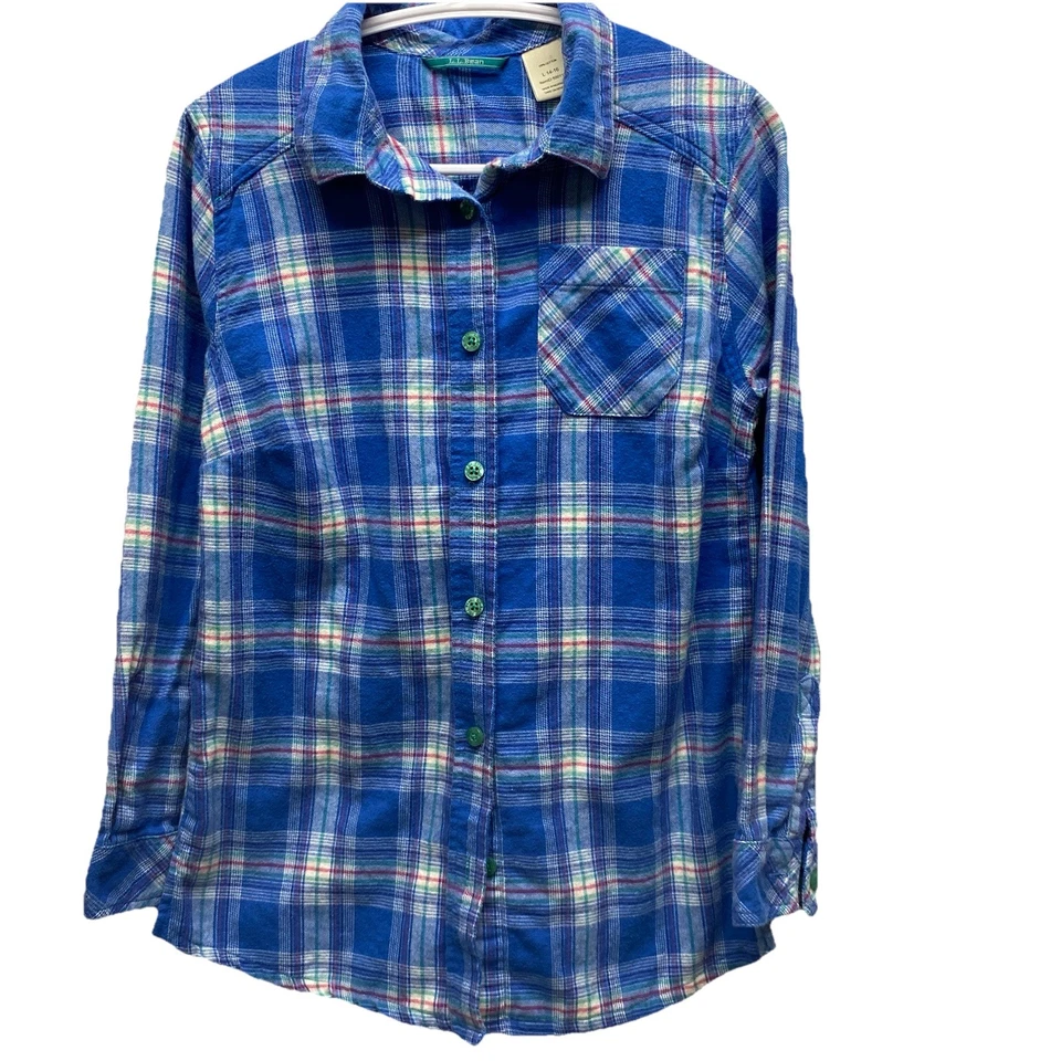 L.L. Bean девочек фланелевая рубашка размер большой 14-16 синий клетку длинным рукавом - Изображение 1 из 4