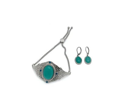 Juego de pulsera y pendientes Bolo de amazonita y cristal verde en acero inoxidable Foto 1 de 3