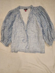 Vince Camuto Blue White Mid Sleeve Blouse V Neck Tie at Neck w Cami Size XS - Picture 1 of 7