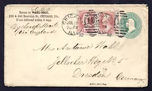 US 1882 POSTAL COVER UPRATED 6 CENTS Sc. #208(x2) NEAT DUPLEX CHICAGO CANCELS - Picture 1 of 2