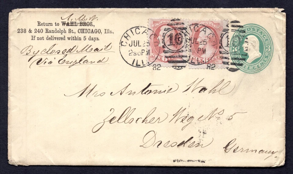 US 1882 POSTAL COVER UPRATED 6 CENTS Sc. #208(x2) NEAT DUPLEX CHICAGO CANCELS - Image 1 of 2