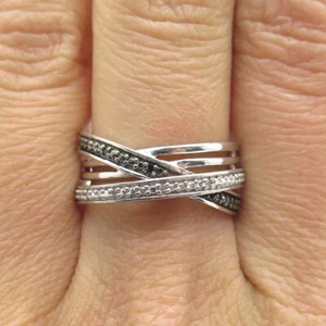 925 Sterling Silver Real Round-Cut Black & White Diamond Crisscross Ring Size 7 - Picture 1 of 8