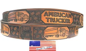 Belt American Trucker Brown Leather Cowhide Embossed Made in the USA - Picture 1 of 9