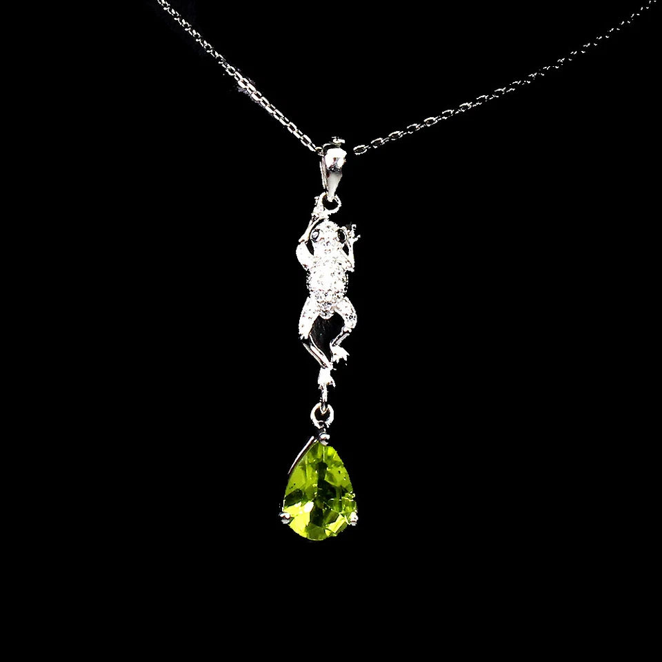 925 Sterling Silver Necklace Pear Peridot 9x7mm Frog Natural Gemstone Jewelry 18 - Image 1 of 4