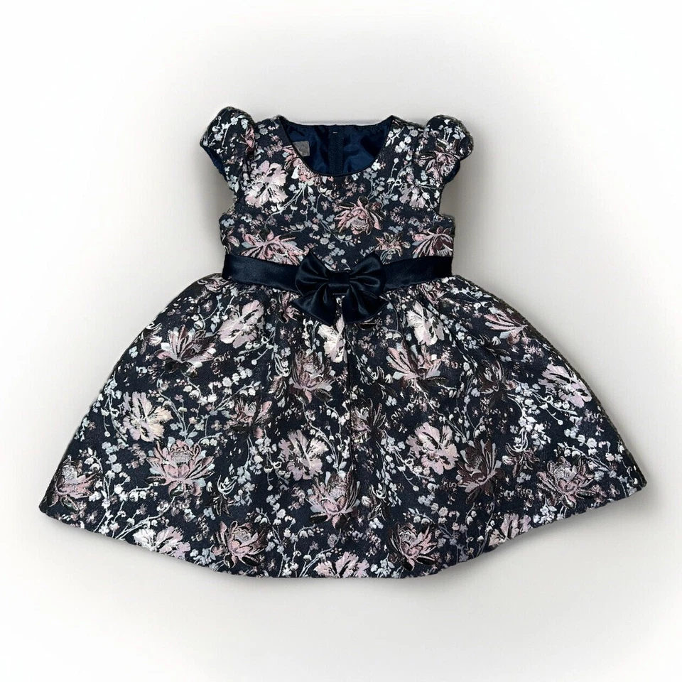 Bonnie Baby Formal Holiday Navy w/Pink & Silver Floral Dress 24 Months - Image 1 of 4