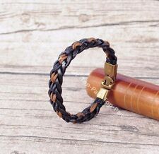 Men's Handmade Hemp&Leather Knitted Copper Clasp Wristband Bracelet Cuff Brown