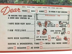 2 POSTALES DE ACEITE DEL GOLFO AÑOS 50-QUERIDA GENTE Vacaciones humorísticas Cajas de verificación sin usar - Imagen 1 de 9