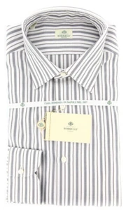 Camicia Borrelli Grigia Marrone Bianca A Righe In Cotone Tessuto Piatto 16.5/42 - Foto 1 di 4