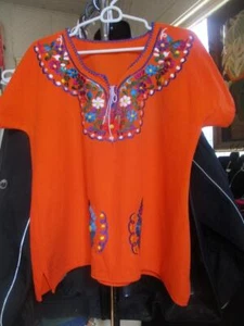 Mexican Womens Blouse Orange Embroidered Flowers Short Sleeve Peasant Top - Picture 1 of 9
