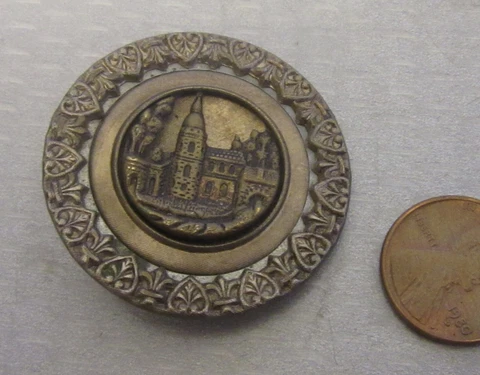 19C Antique Mixed Metal Picture Button Cathedral Church Village Scene large 40mm Cover