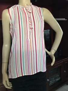 LOFT Outlet Women Blouse Size Small Sheer Partial Button Front Sleeveless Stripe - Picture 1 of 8