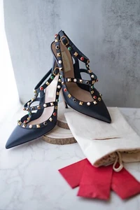 Valentino Black Rockstar Red Gold Green Studded Leather Pumps EU36 US6 W/4” Heel - Picture 1 of 12