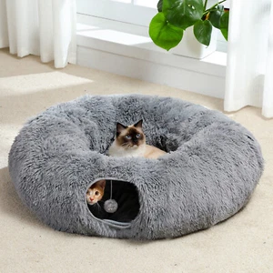 PAWZ Road Cat Tunnel Bed with Central Soft Mat Collapsible Fluffy Plush Cat Tube - Picture 1 of 8