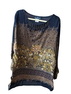 NUEVO TOP TÚNICA DE COLECCIÓN AÑOS 90 Carole Little talla 16 negro dorado estampado L/S rayón nuevo con etiquetas defectuoso Foto 1 de 4
