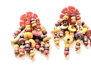 Vintage Earth-tones Pierced Cha-Cha Earrings 2.5" rust tan Wood Boho bp-113 - Picture 1 of 5