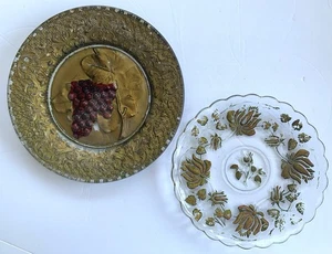 Lot of 2 Vintage Goofus Glass Small Plates Gold Red Grapes Flowers 8” 7” - Picture 1 of 2