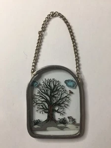 4 Vintage Glas Bilder Baum in den Jahreszeiten 5x6cm metallgefasst handgemalt - Bild 1 von 5