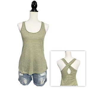 Sexy Low Scoop Neck Cleavage Preppy Striped Keyhole Back Floaty Tank Olive S/M/L - Picture 1 of 5