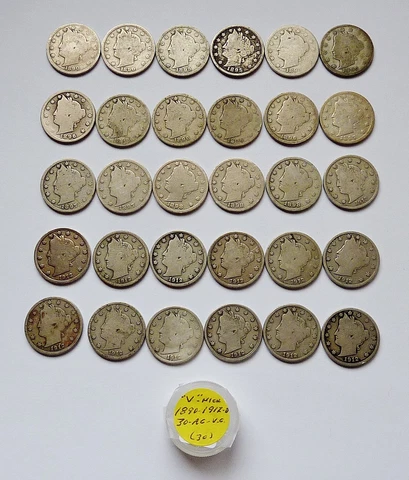 30 MIXED DATE: 1890 - 1912-D  U.S. LIBERTY HEAD NICKELS ~ ABOUT GOOD - VERY GOOD Cover
