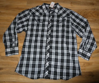 NWT Roper men's black/white/gray plaid print snap-front western shirt Sz 3XL - Image 1 of 4