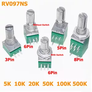 Potencjometr jedno-/dwukierunkowy RV097NS z przełącznikiem ON/OFF 3/5/6/8 pin B5K ~ 500K - Zdjęcie 1 z 26