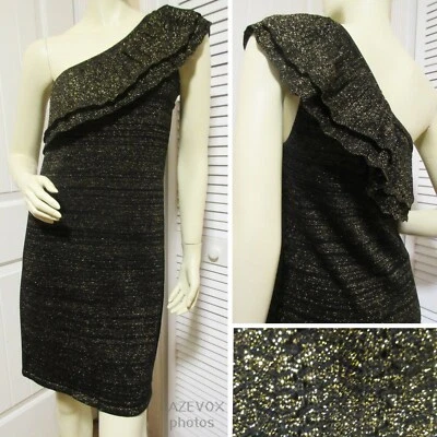 Vestido Trina Turk Un Hombro Volantes Brillante Negro Dorado Tejido Lana Fiesta Y2K Glamour Foto 1 de 4