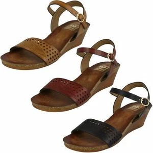 Ladies Down To Earth Buckled Wedged Synthetic Summer Sandals F1R0698 - Picture 1 of 10