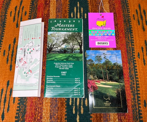 1997 Masters Yardage Guide Tiger Woods Won 1st Master W/ Map And Practice Ticket Cover