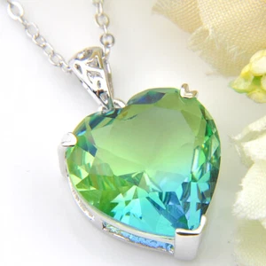 Handmade Huge Heart Rainbow Bi Color Tourmaline Gemstone Silver Necklace Pendant - Picture 1 of 5