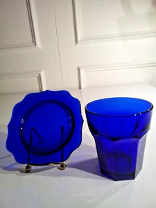 Vintage Cobalt Blue 5” Trinket Tray/Candle Holder/Saucer and 16 oz Tumbler/Glass - Picture 1 of 12