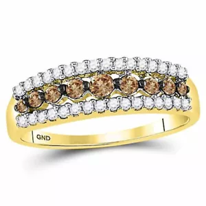 10k Yellow Gold Round Brown Diamond 3 Row Band Ring 1/2 - Picture 1 of 3