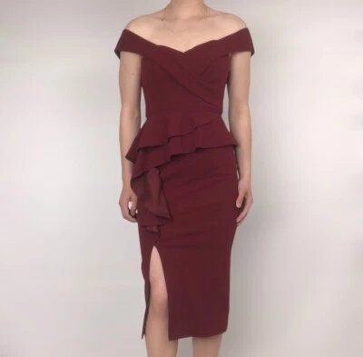 Vestido Bariano Australia Fuera del Hombro Volantes Midi Cóctel Abertura Rojo Talla 4 Foto 1 de 4