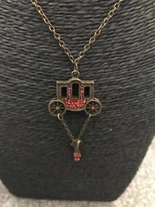 Cinderella Carriage Show Brass Tone Pendant Necklace Red Rhinestone Continuous - Picture 1 of 9