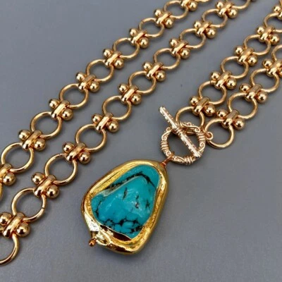 Gold Plated Chain Chokers Necklace Blue Turquoise Pendant Designer Gems Jewelry - image 1 of 4
