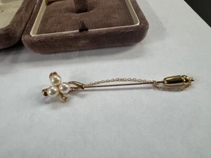 Vintage Mikimoto 14K Gold 3 Pearl Scarf pin brooch - Picture 1 of 3