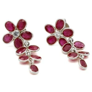 14k SOLID White GOLD NATURAL RUBY FLOWER DIAMOND FINE EARRINGS DANGLE DROP - Picture 1 of 4