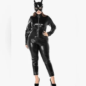 Schwarzer Kunstleder Catwoman Kostüm Overall mit Maske Damen Gr. XL - Bild 1 von 9