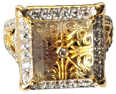 Anillo Prasiolita Estilo Ventana Facetado Cúpula Verde Pastel con Acentos de Topacio, Tamaño Foto 1 de 4