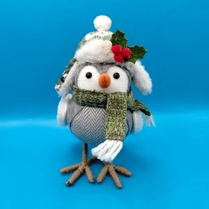 Fabric Covered Foam Bird Friend Figurine Christmas Knit Hat Green Scarf Buttons  - Picture 1 of 14