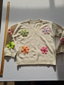 Damen Pullover Markenlos Größe M V-Ausschnitt Langarm Blumen Creme 31219 - Bild 1 von 14