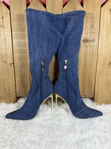Bebe Mujer Tacones de Aguja Fiesta Botas hasta la Rodilla Azul Jeans Denim Punta Punta Talla 8.5 - Imagen 1 de 8